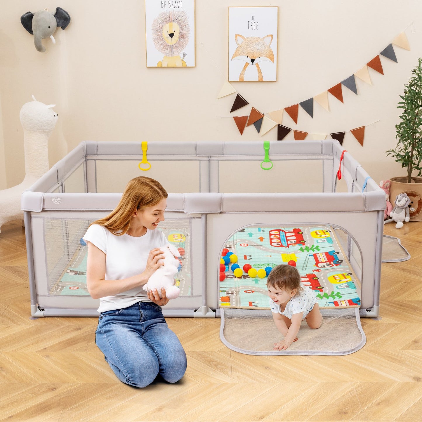 Baby Playpen with Mat and Breathable Mesh-Gray Kids Crystal