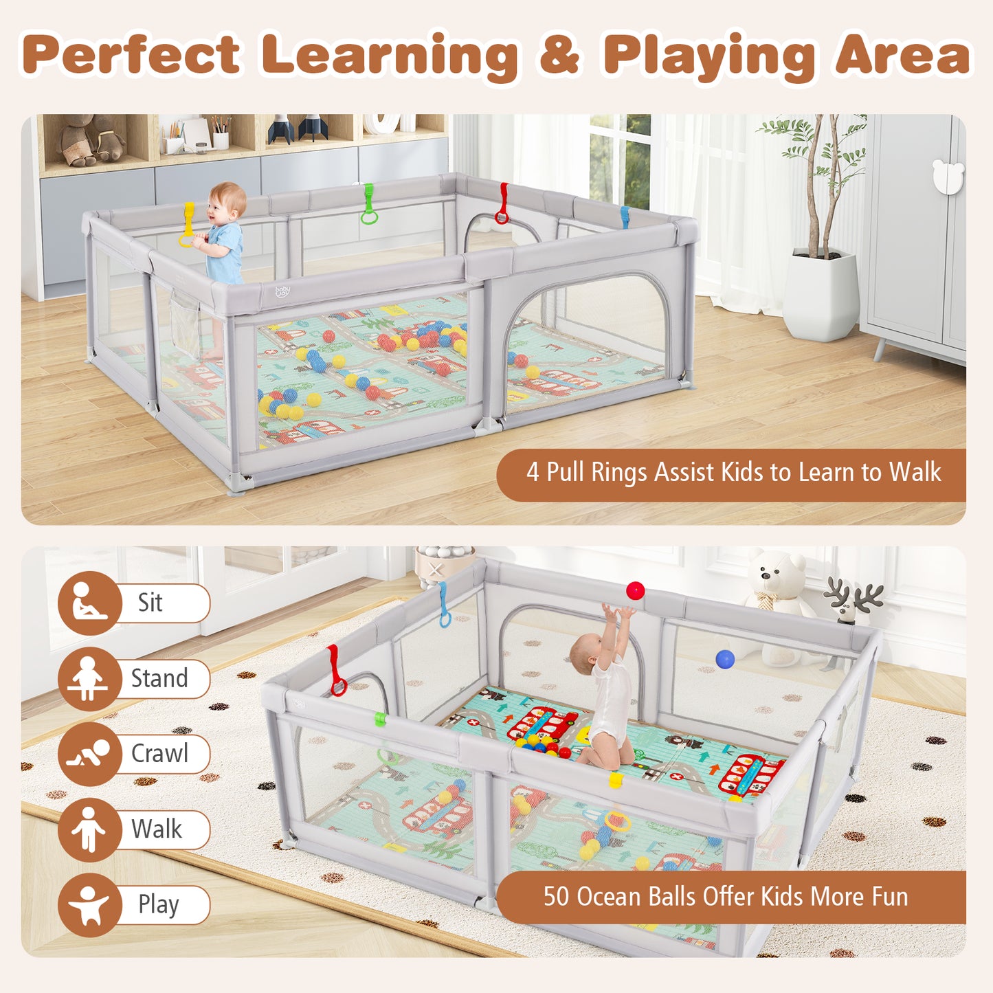 Baby Playpen with Mat and Breathable Mesh-Gray Kids Crystal