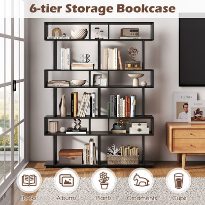 6-Tier Geometric Bookshelf with 2 Anti-Tipping Kits for Home Office-Black