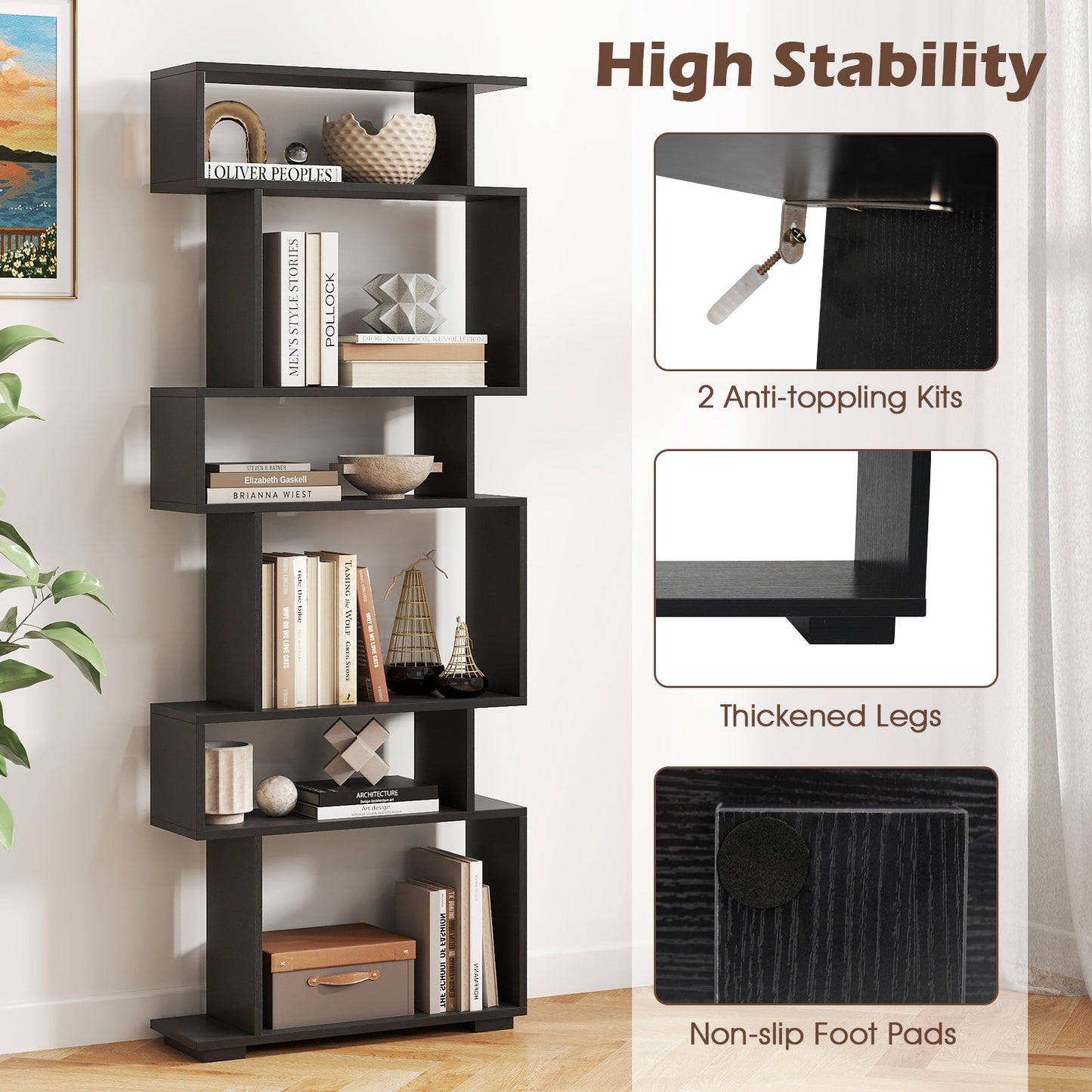 6-Tier Geometric Bookshelf with 2 Anti-Tipping Kits for Home Office-Black