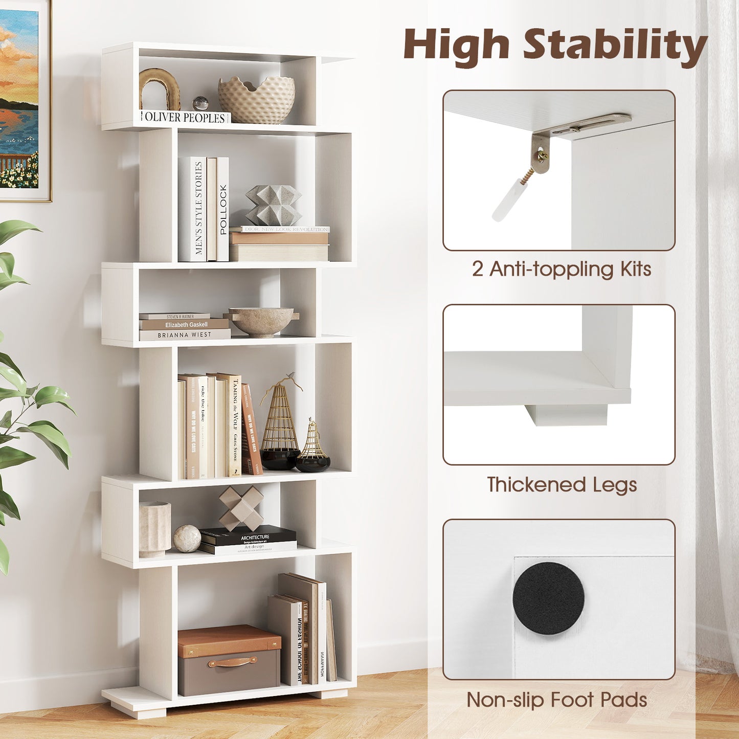 6-Tier Geometric Bookshelf with 2 Anti-Tipping Kits for Home Office-White