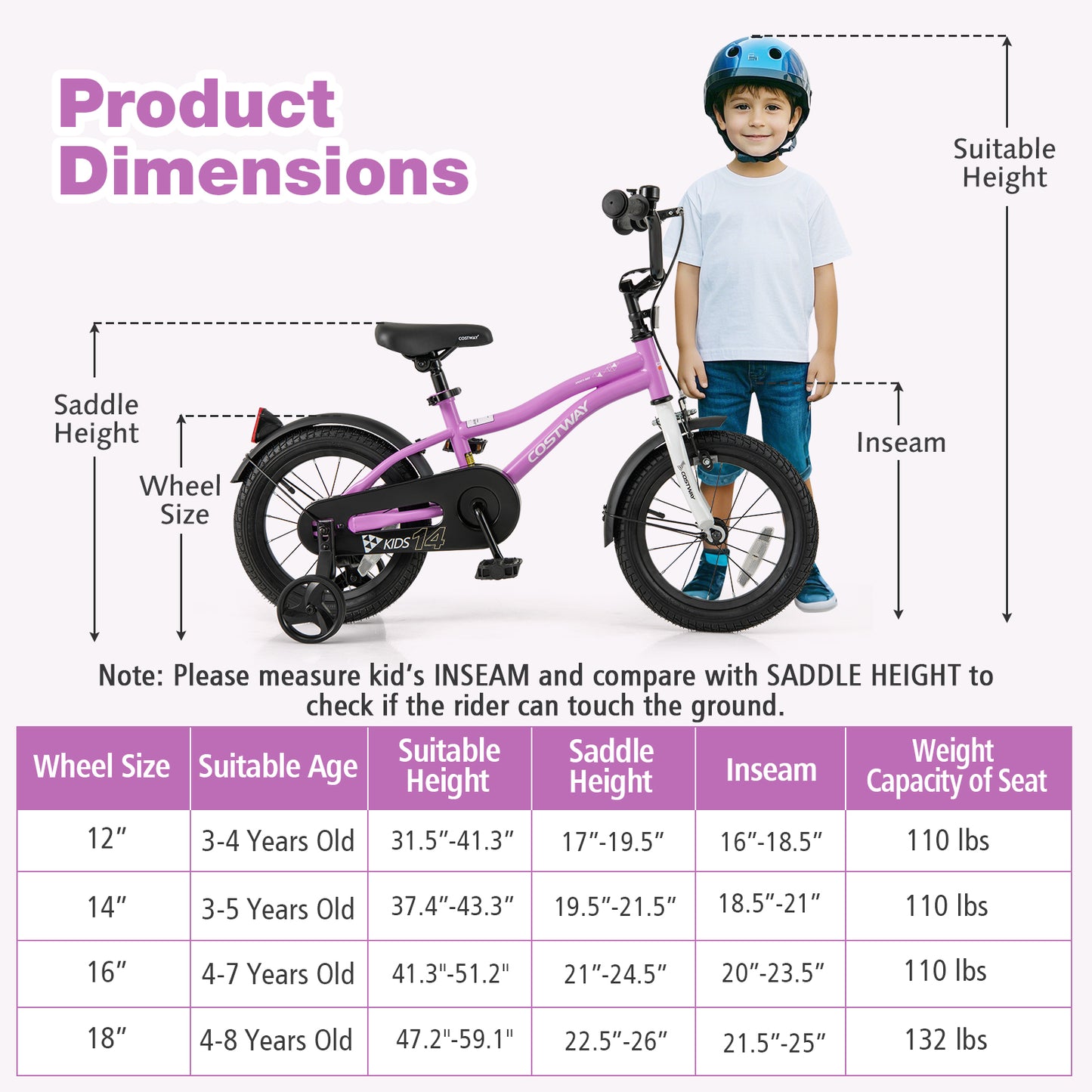 Kids Bike 14-Inch Children Training Bicycle with 2 Brake for 3-5 Years Old Kids Crystal