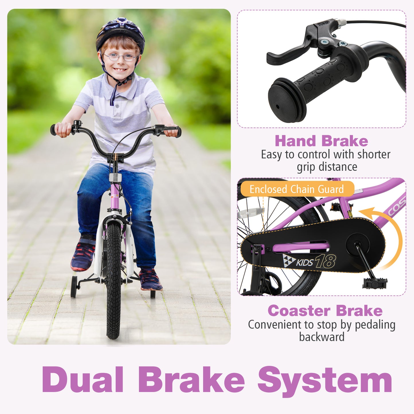 Kids Bike 18-Inch Children Training Bicycle with 2 Brake for 4-8 Years Old Kids Crystal