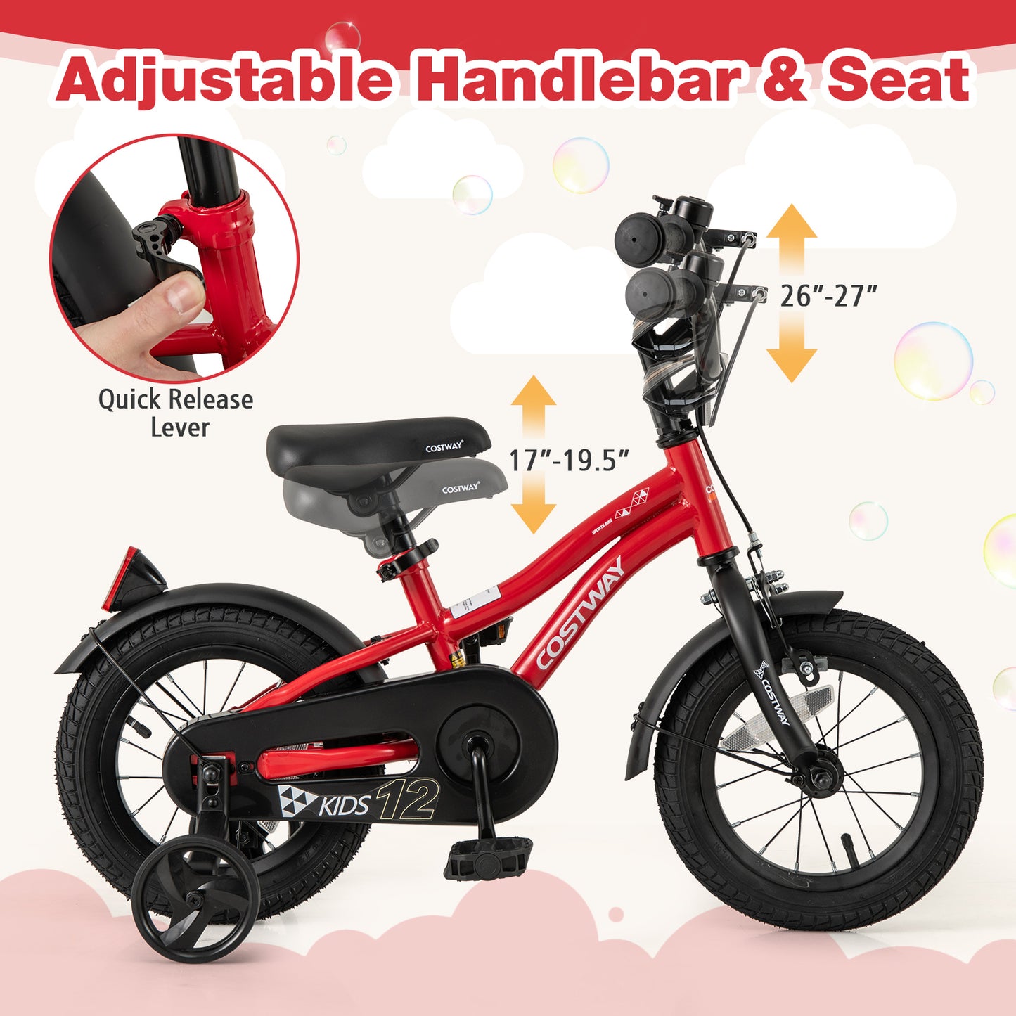 12 Inch Kids Bike Adjustable Bicycle with Reflectors and Bell for 3-4 Years Old Kids Crystal