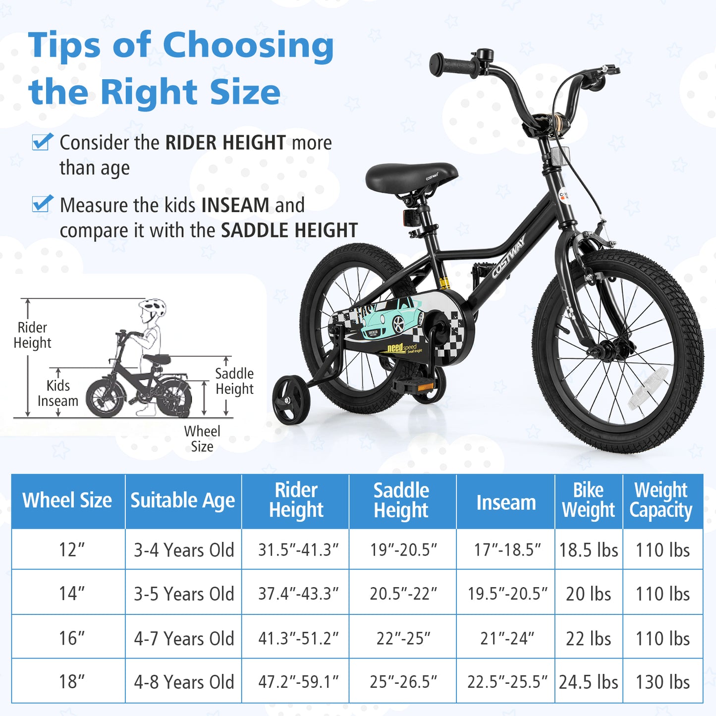 16 Inch Kids Bike Adjustable for 4-7 Years Old with Low-Step Frame Kids Crystal