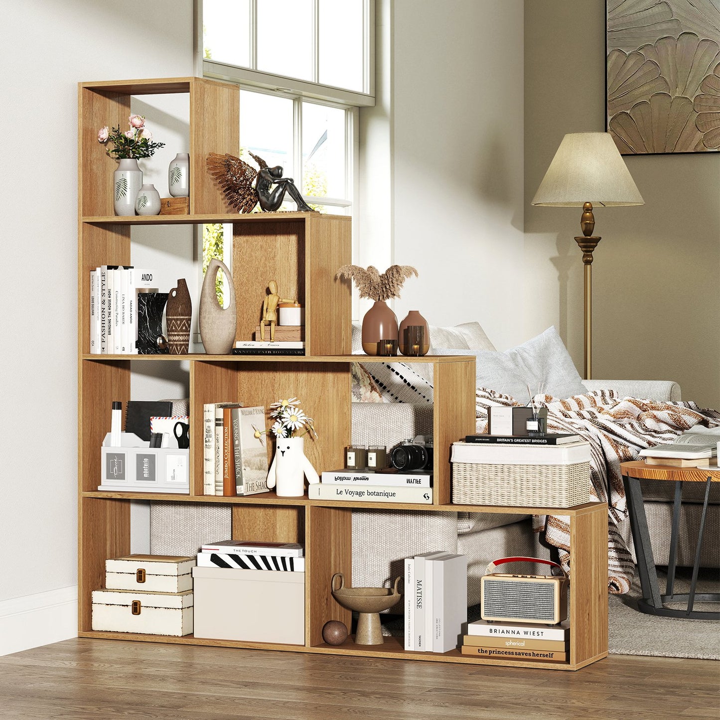 4-Tier Bookshelf Stair Bookcase with 6 Cubes Display Rack-Natural Kids Crystal