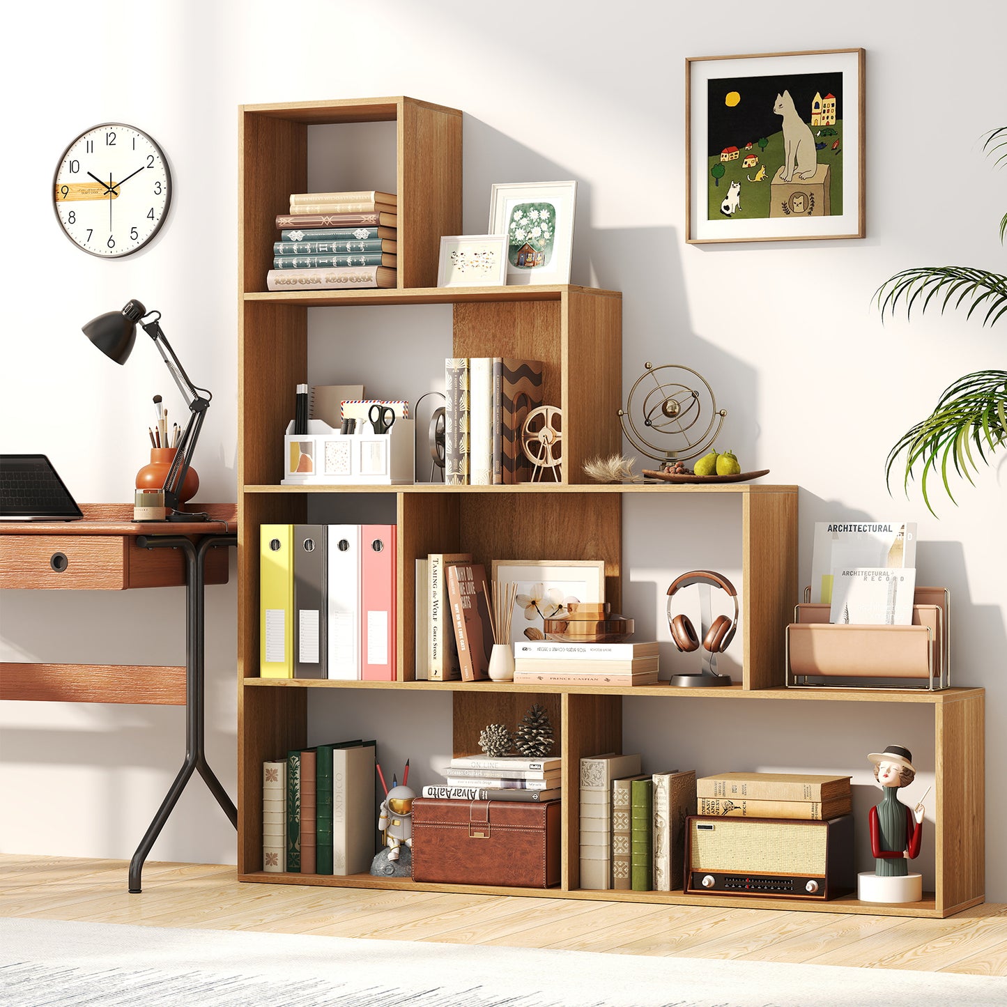 4-Tier Bookshelf Stair Bookcase with 6 Cubes Display Rack-Natural Kids Crystal