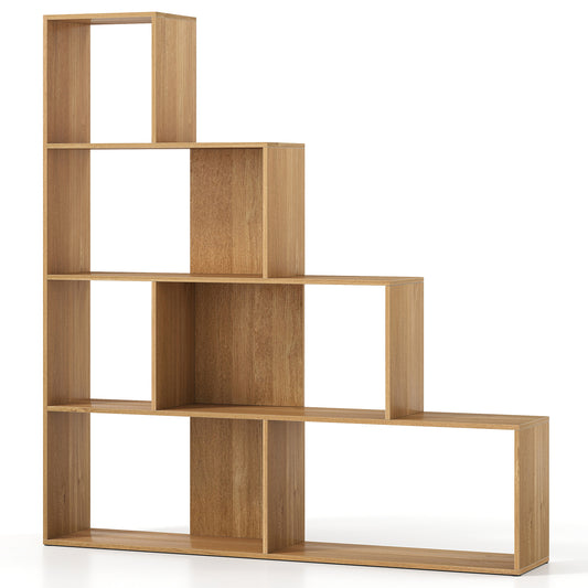 4-Tier Bookshelf Stair Bookcase with 6 Cubes Display Rack-Natural Kids Crystal
