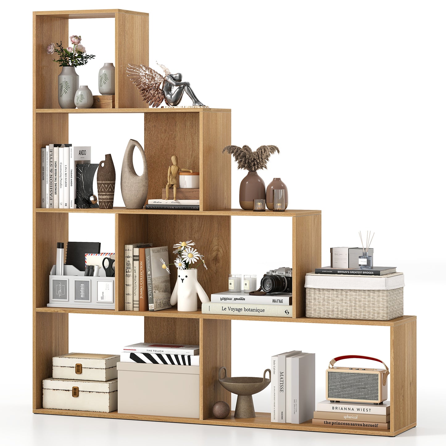 4-Tier Bookshelf Stair Bookcase with 6 Cubes Display Rack-Natural Kids Crystal