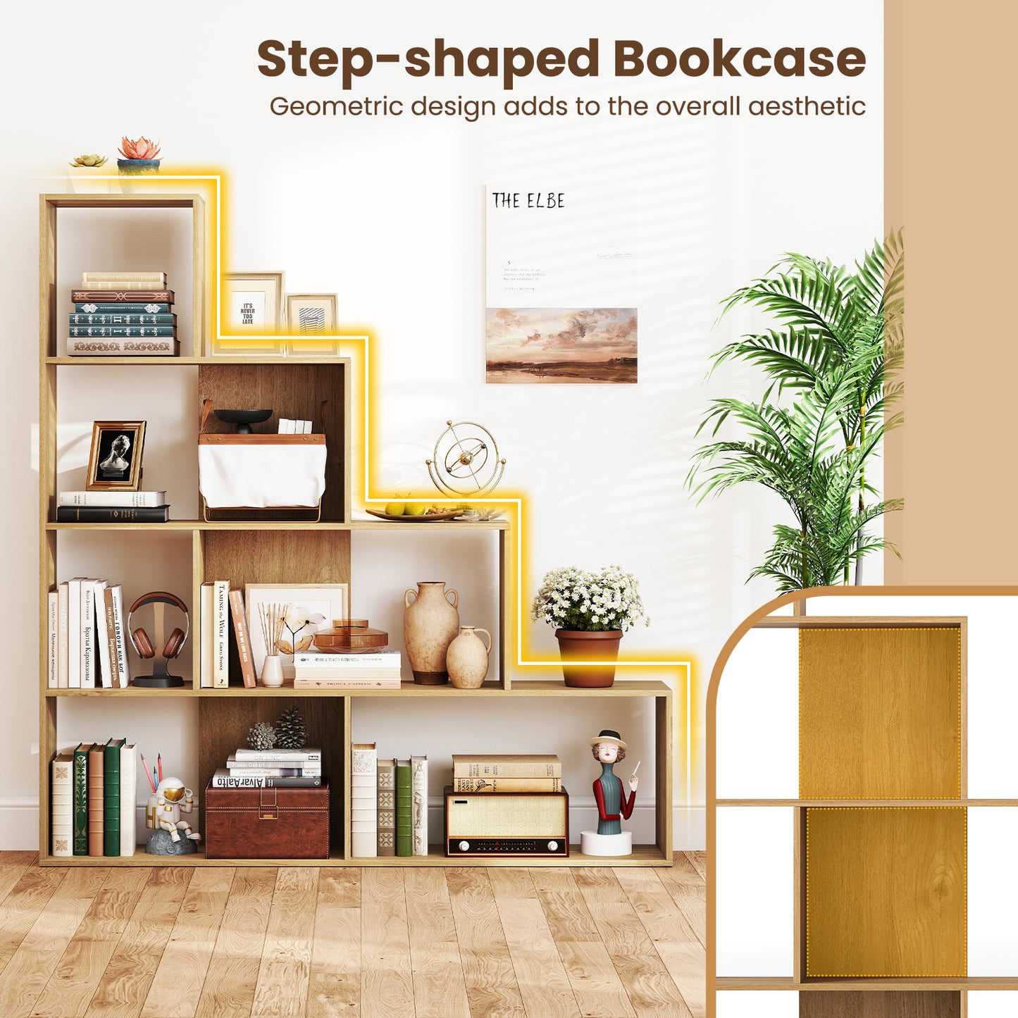 4-Tier Bookshelf Stair Bookcase with 6 Cubes Display Rack-Natural Kids Crystal