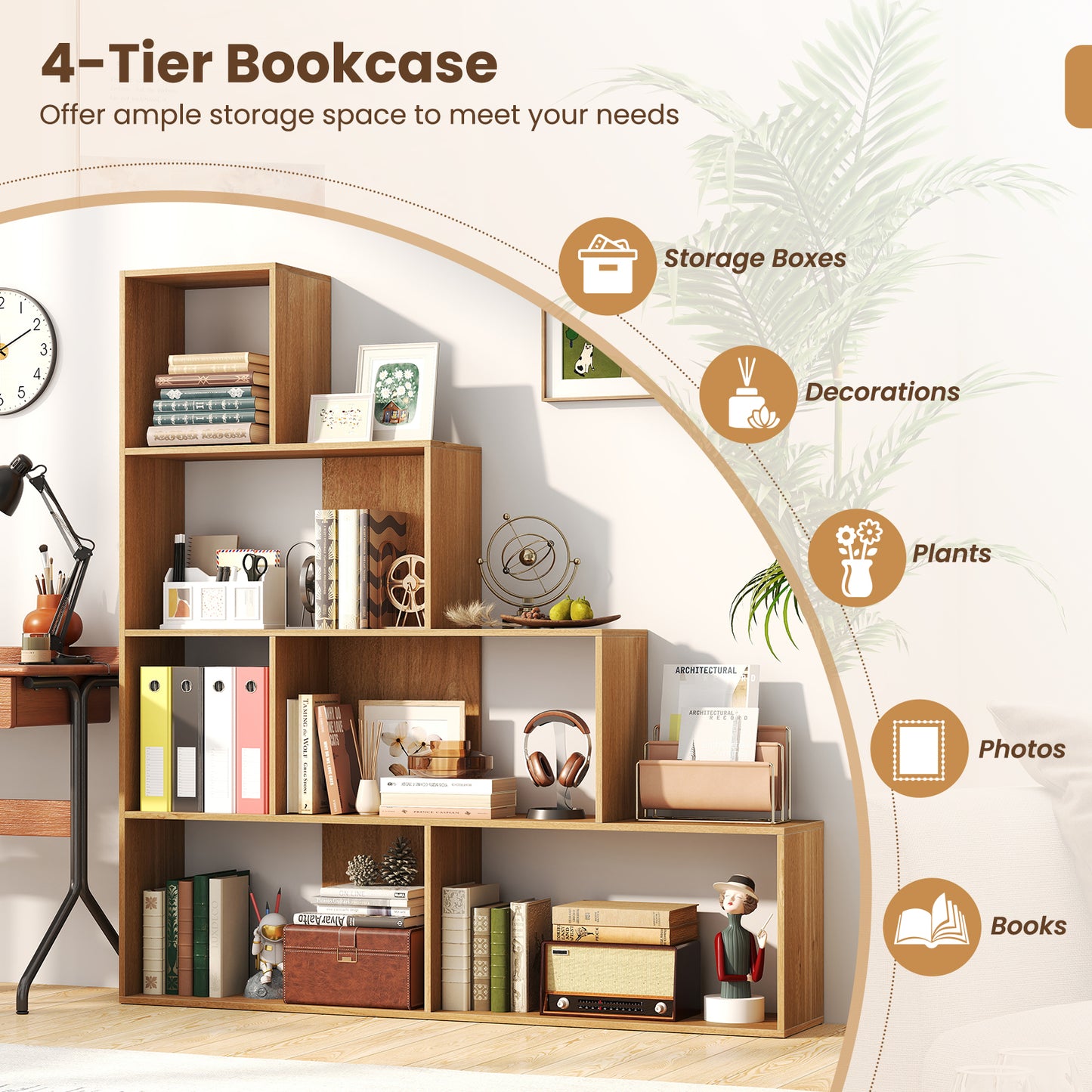 4-Tier Bookshelf Stair Bookcase with 6 Cubes Display Rack-Natural Kids Crystal