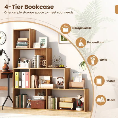 4-Tier Bookshelf Stair Bookcase with 6 Cubes Display Rack-Natural