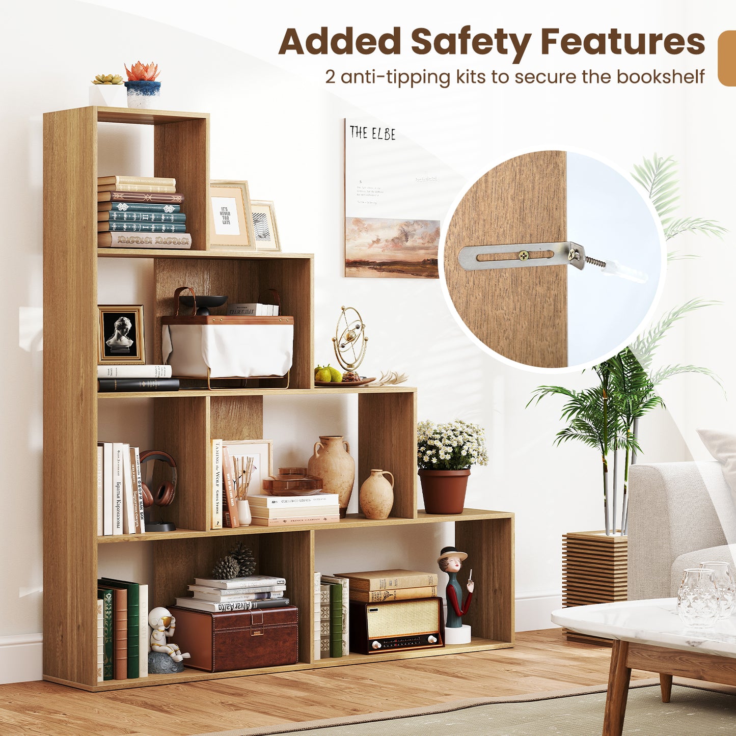 4-Tier Bookshelf Stair Bookcase with 6 Cubes Display Rack-Natural Kids Crystal