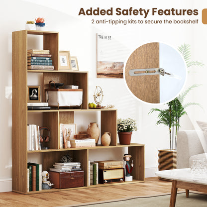 4-Tier Bookshelf Stair Bookcase with 6 Cubes Display Rack-Natural