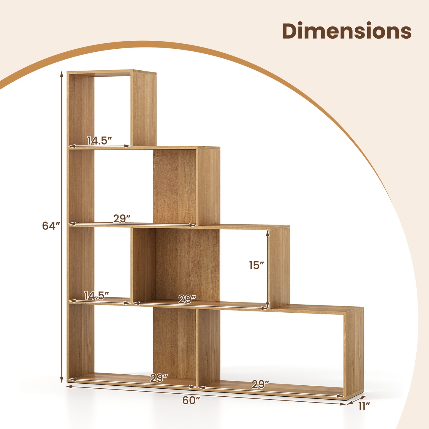 4-Tier Bookshelf Stair Bookcase with 6 Cubes Display Rack-Natural Kids Crystal