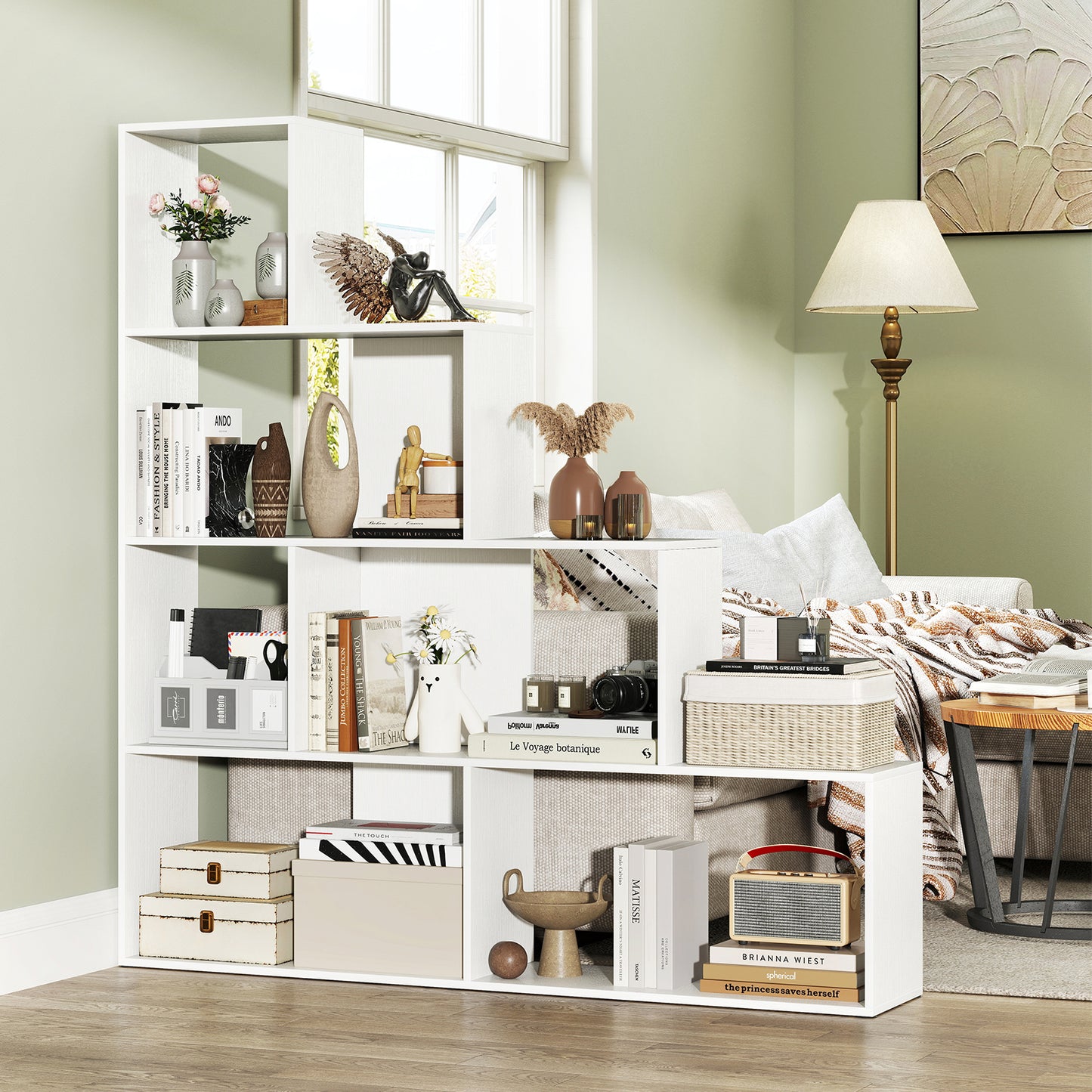 4-Tier Bookshelf Stair Bookcase with 6 Cubes Display Rack-White Kids Crystal