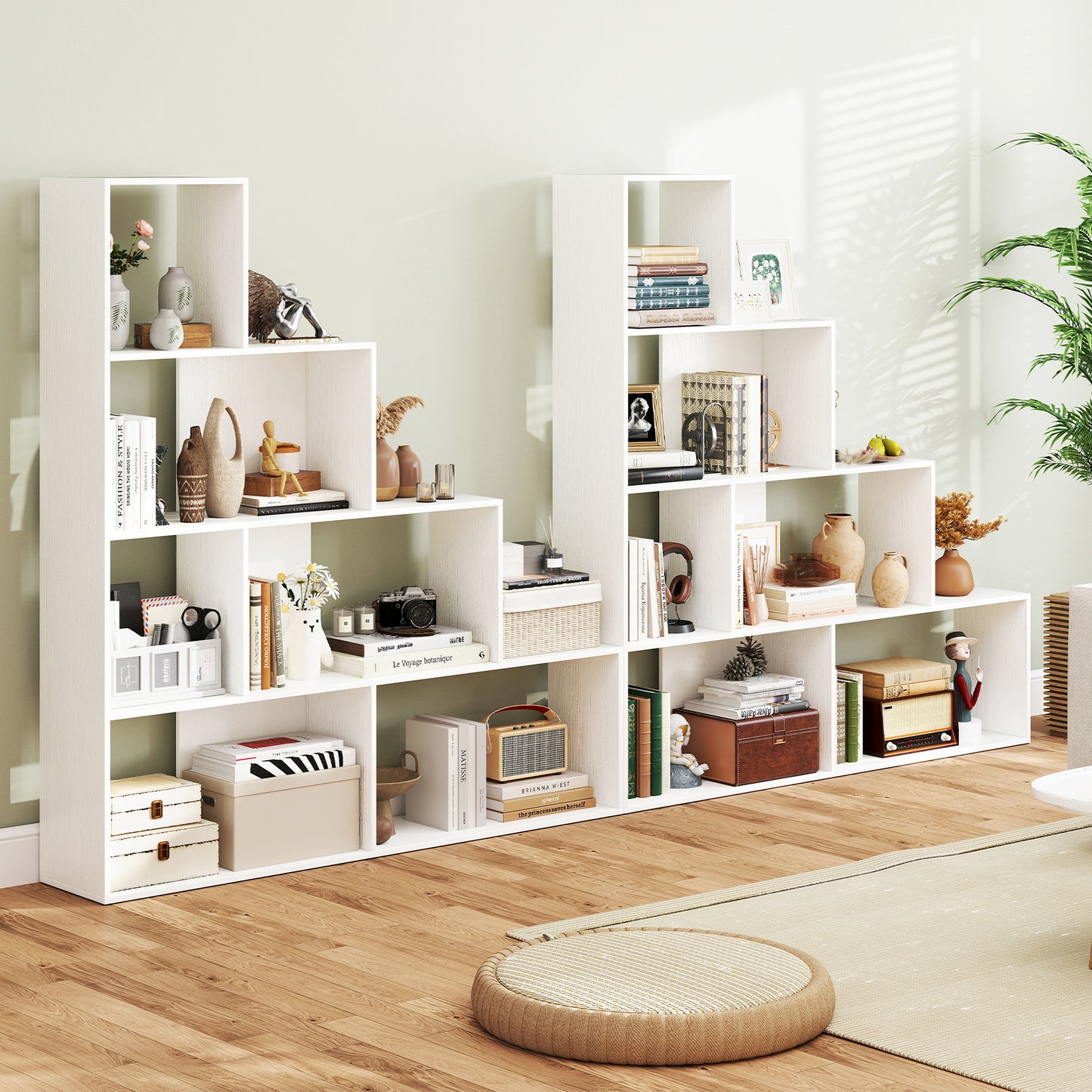 4-Tier Bookshelf Stair Bookcase with 6 Cubes Display Rack-White Kids Crystal