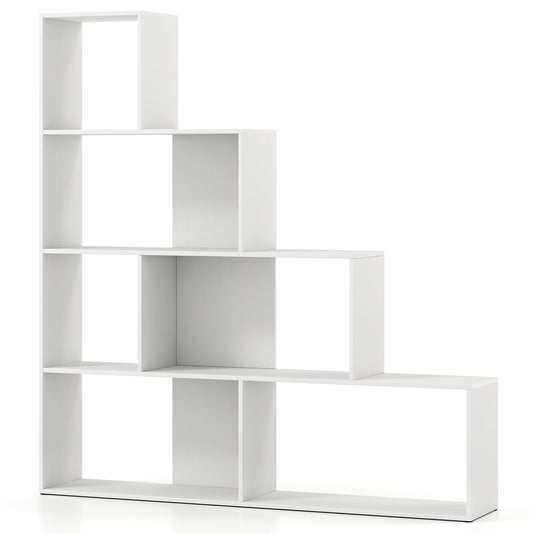 4-Tier Bookshelf Stair Bookcase with 6 Cubes Display Rack-White Kids Crystal