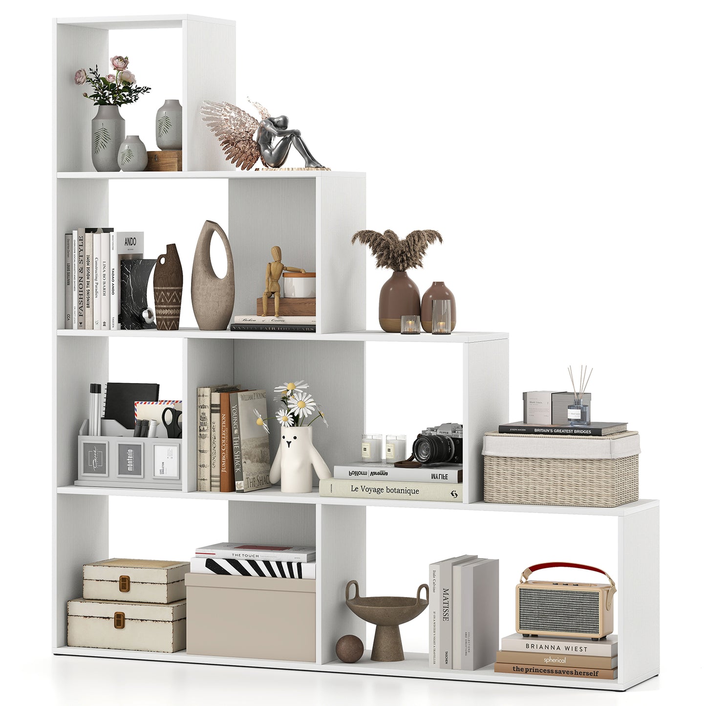 4-Tier Bookshelf Stair Bookcase with 6 Cubes Display Rack-White Kids Crystal