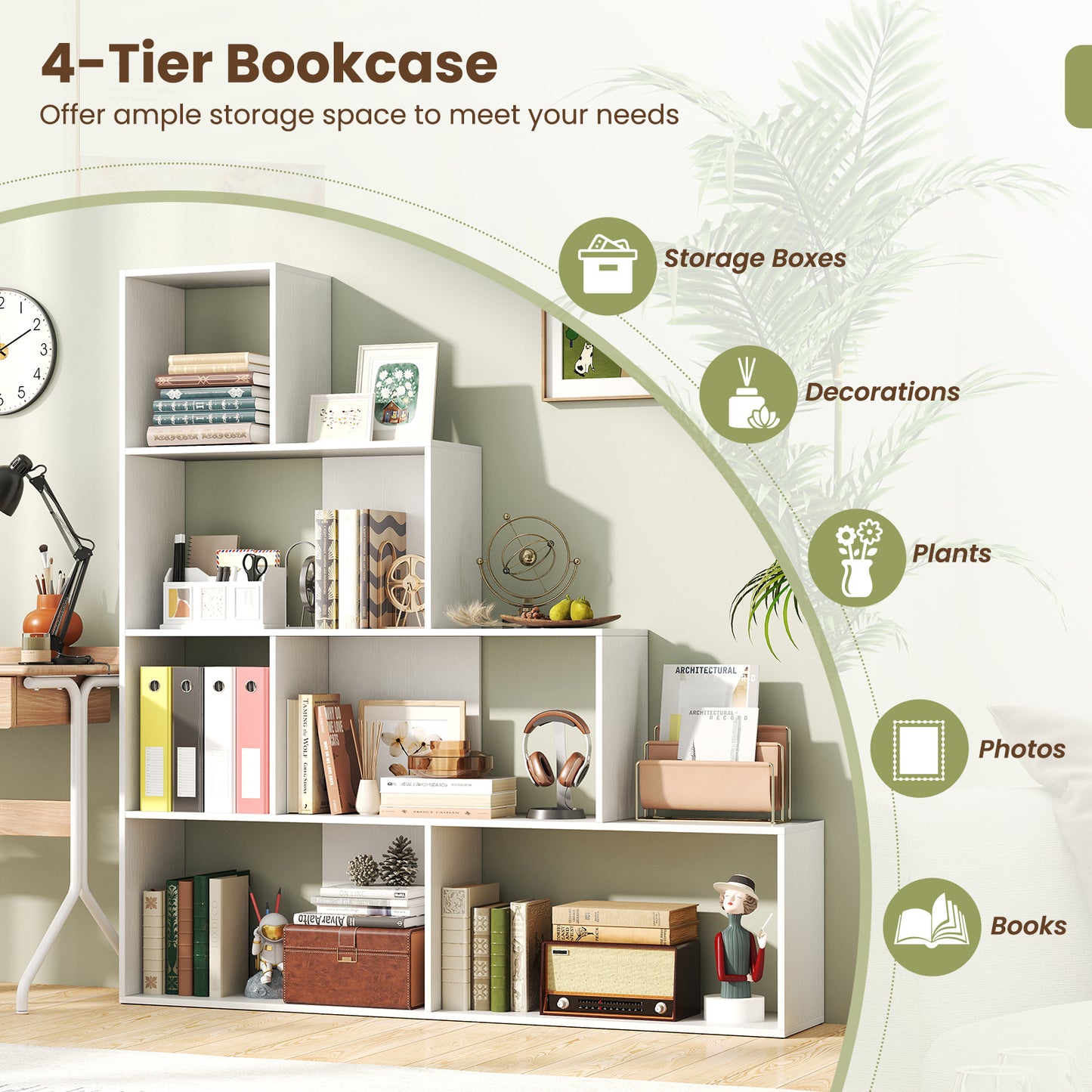 4-Tier Bookshelf Stair Bookcase with 6 Cubes Display Rack-White Kids Crystal