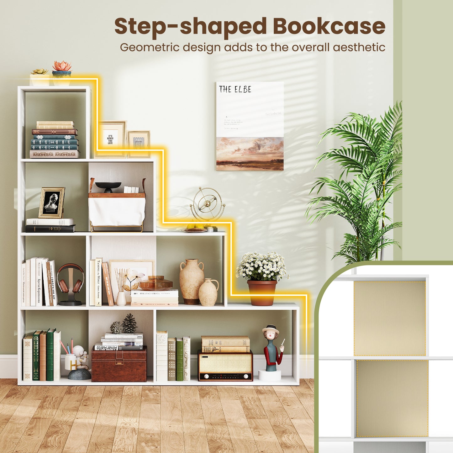 4-Tier Bookshelf Stair Bookcase with 6 Cubes Display Rack-White Kids Crystal