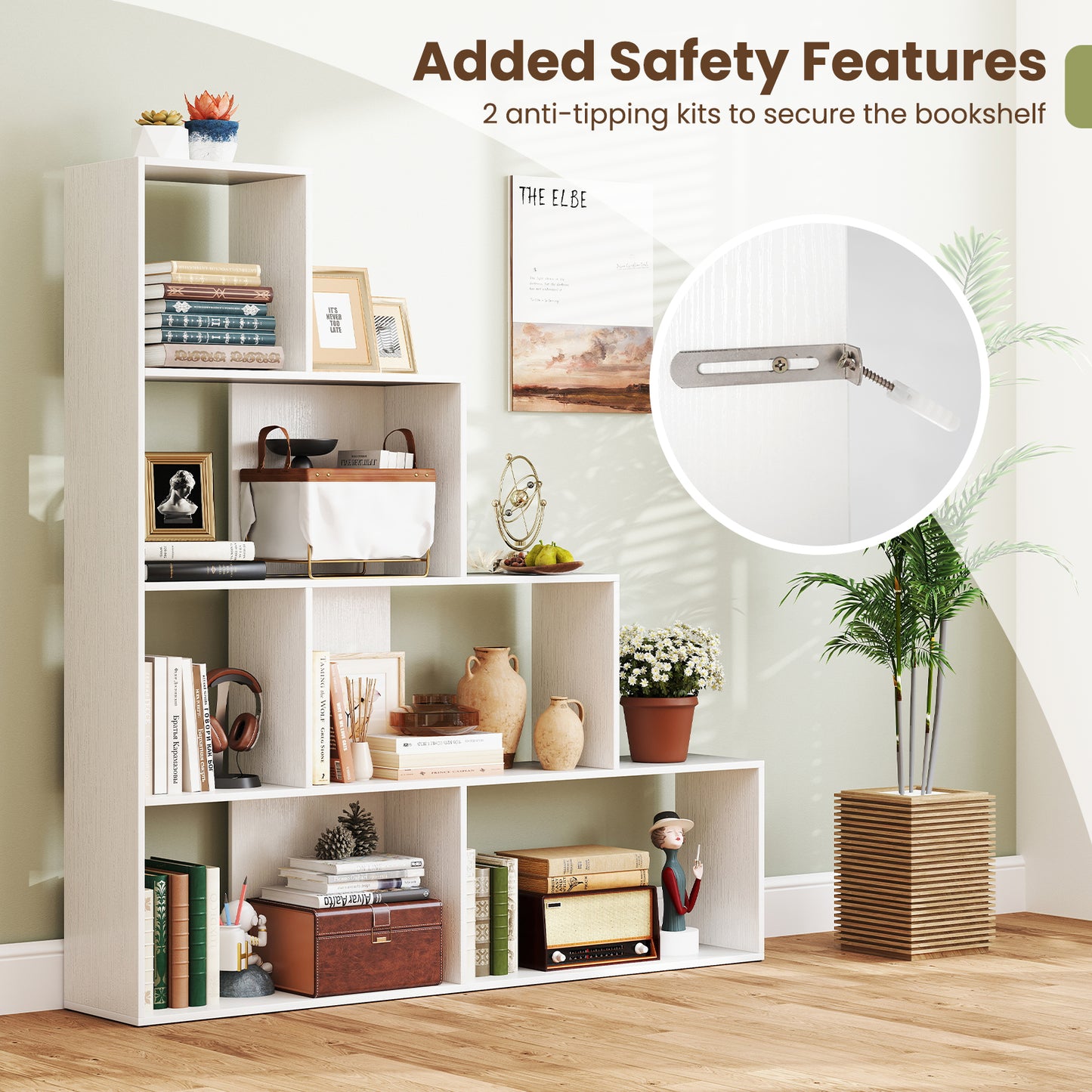 4-Tier Bookshelf Stair Bookcase with 6 Cubes Display Rack-White Kids Crystal