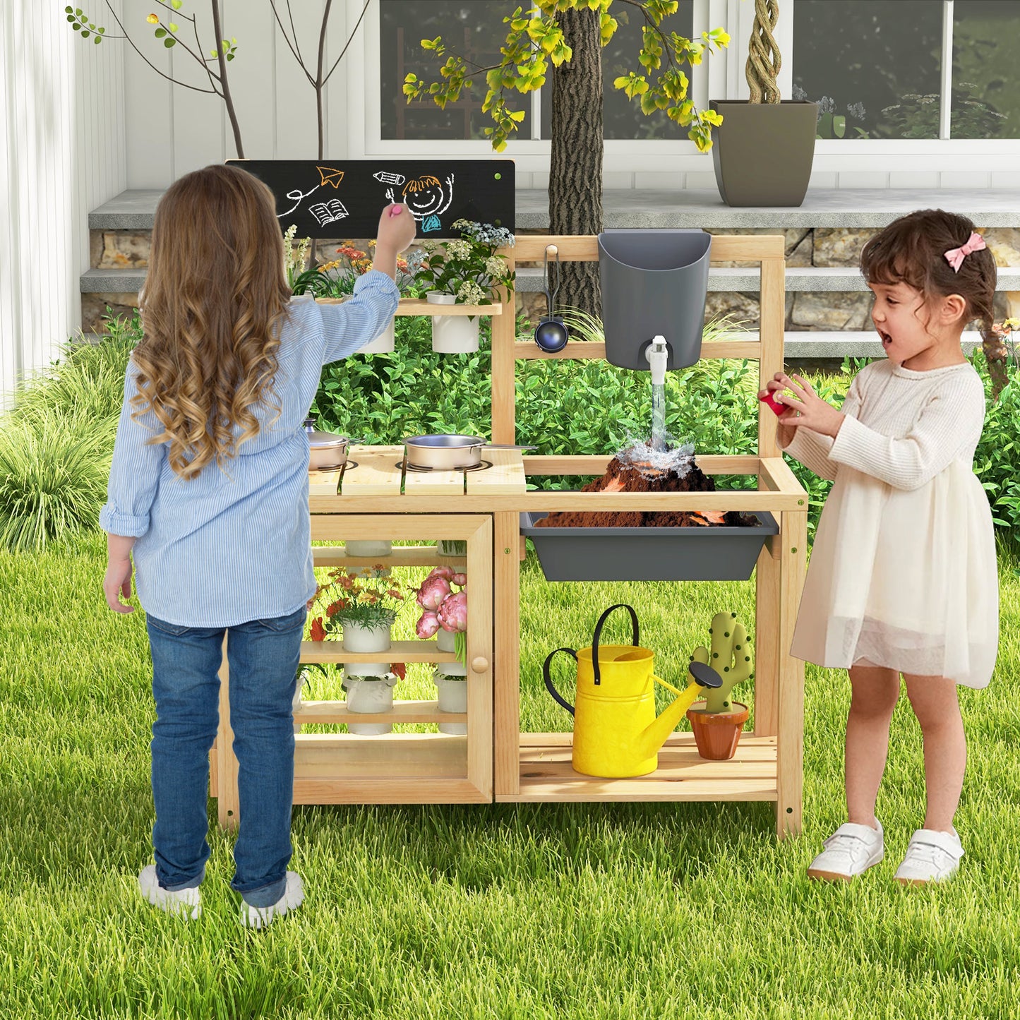 Mud Kitchen Playset with Sink and Plants Observation Room-Natural Kids Crystal