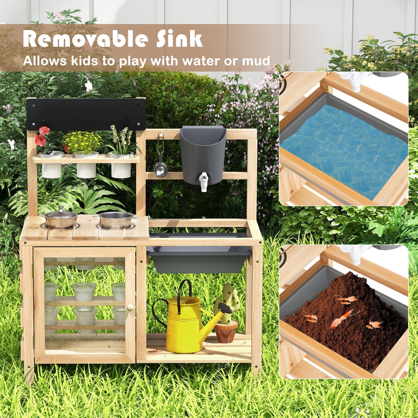 Mud Kitchen Playset with Sink and Plants Observation Room-Natural Kids Crystal