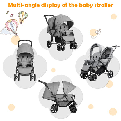 Foldable Lightweight Front Back Seats Double Baby Stroller-Gray