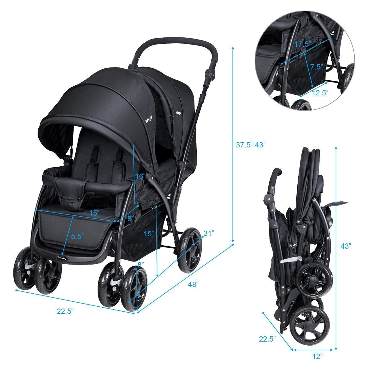 Foldable Lightweight Front Back Seats Double Baby Stroller-Black Kids Crystal