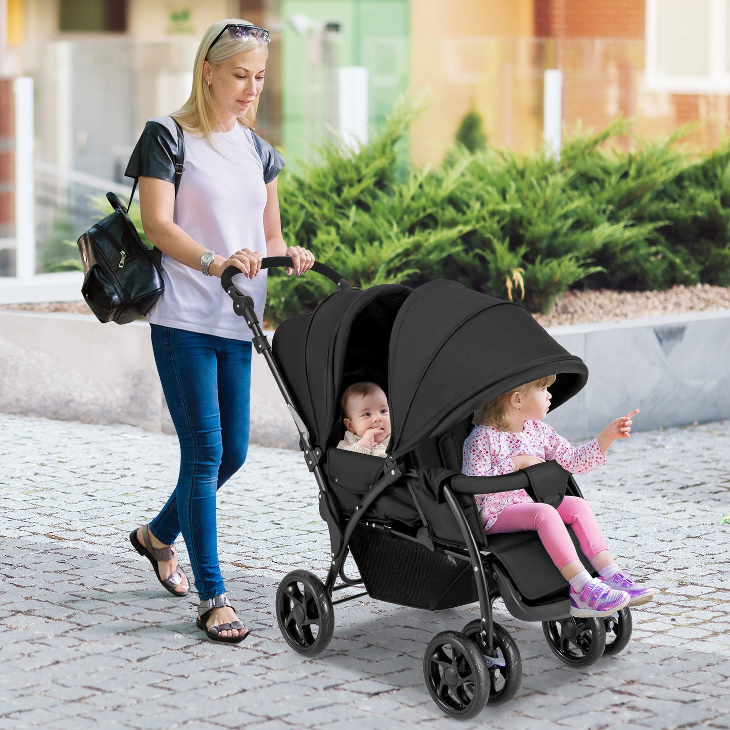 Foldable Lightweight Front Back Seats Double Baby Stroller-Black Kids Crystal