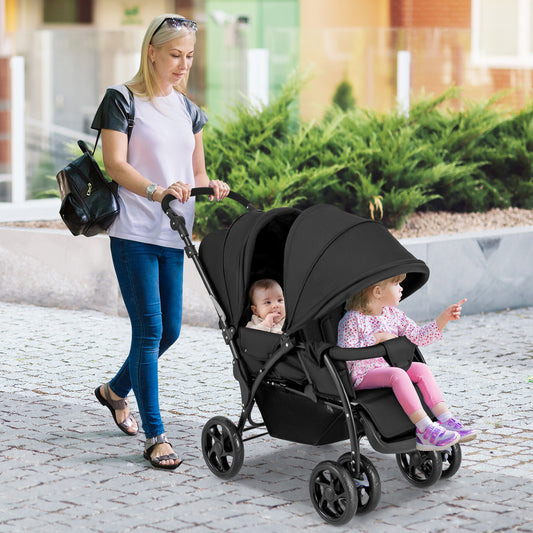 Foldable Lightweight Front Back Seats Double Baby Stroller-Black Kids Crystal