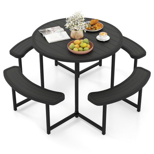 Round Picnic Table Bench Set with 4 Benches and Umbrella Hole for Patio Lawn-Black