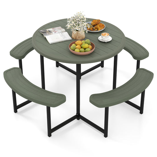 Round Picnic Table Bench Set with 4 Benches and Umbrella Hole for Patio Lawn-Green