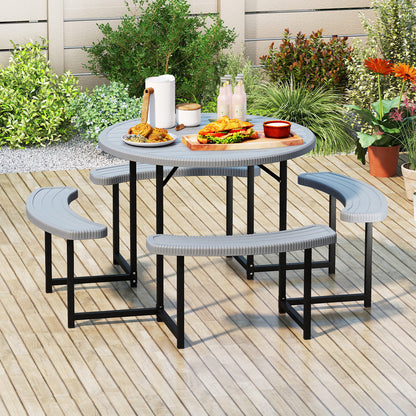 Round Picnic Table Bench Set with 4 Benches and Umbrella Hole for Patio Lawn-Gray