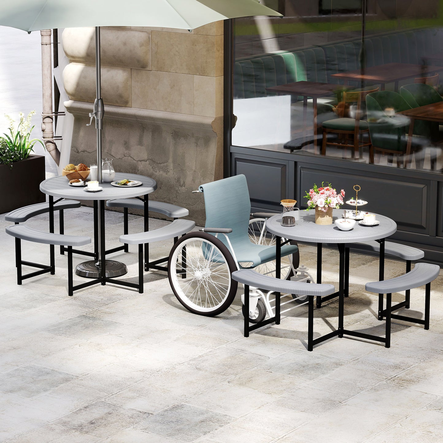 Round Picnic Table Bench Set with 4 Benches and Umbrella Hole for Patio Lawn-Gray