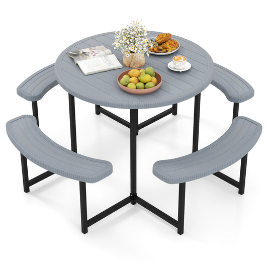 Round Picnic Table Bench Set with 4 Benches and Umbrella Hole for Patio Lawn-Gray