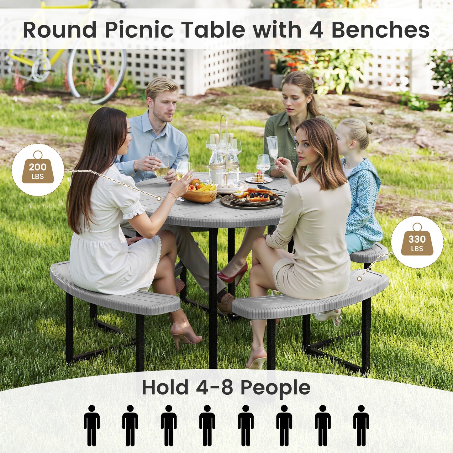 Round Picnic Table Bench Set with 4 Benches and Umbrella Hole for Patio Lawn-Gray