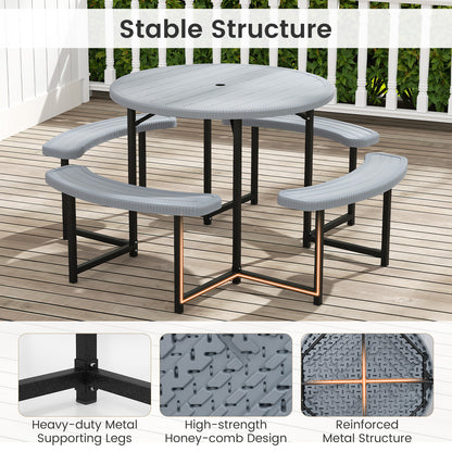 Round Picnic Table Bench Set with 4 Benches and Umbrella Hole for Patio Lawn-Gray