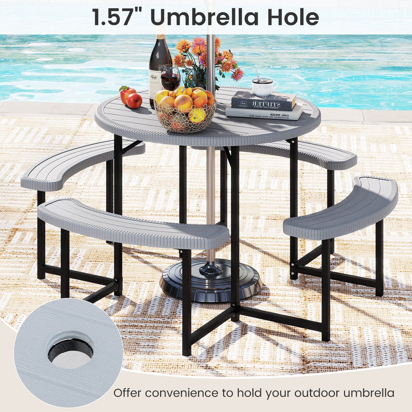 Round Picnic Table Bench Set with 4 Benches and Umbrella Hole for Patio Lawn-Gray