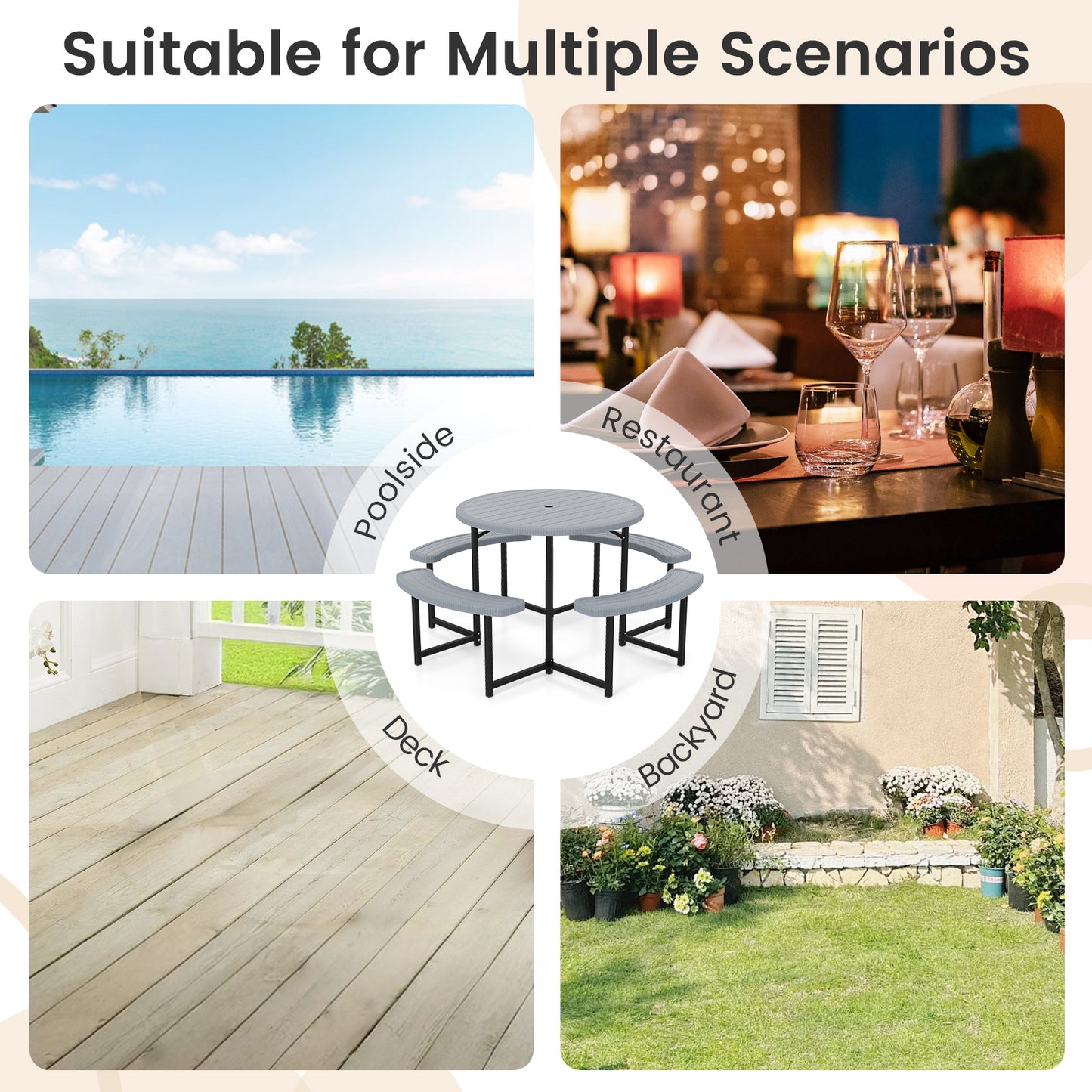 Round Picnic Table Bench Set with 4 Benches and Umbrella Hole for Patio Lawn-Gray