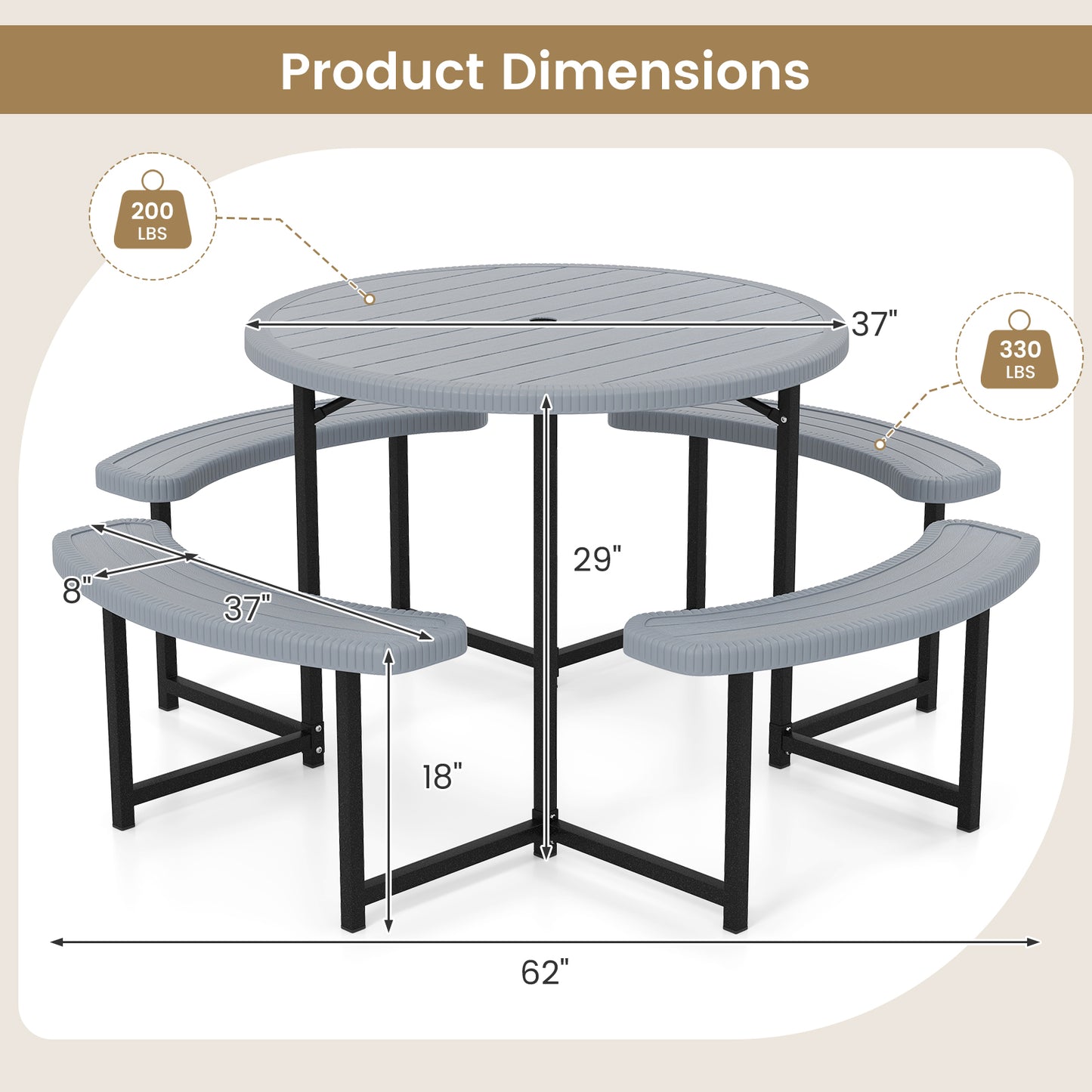 Round Picnic Table Bench Set with 4 Benches and Umbrella Hole for Patio Lawn-Gray