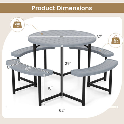 Round Picnic Table Bench Set with 4 Benches and Umbrella Hole for Patio Lawn-Gray
