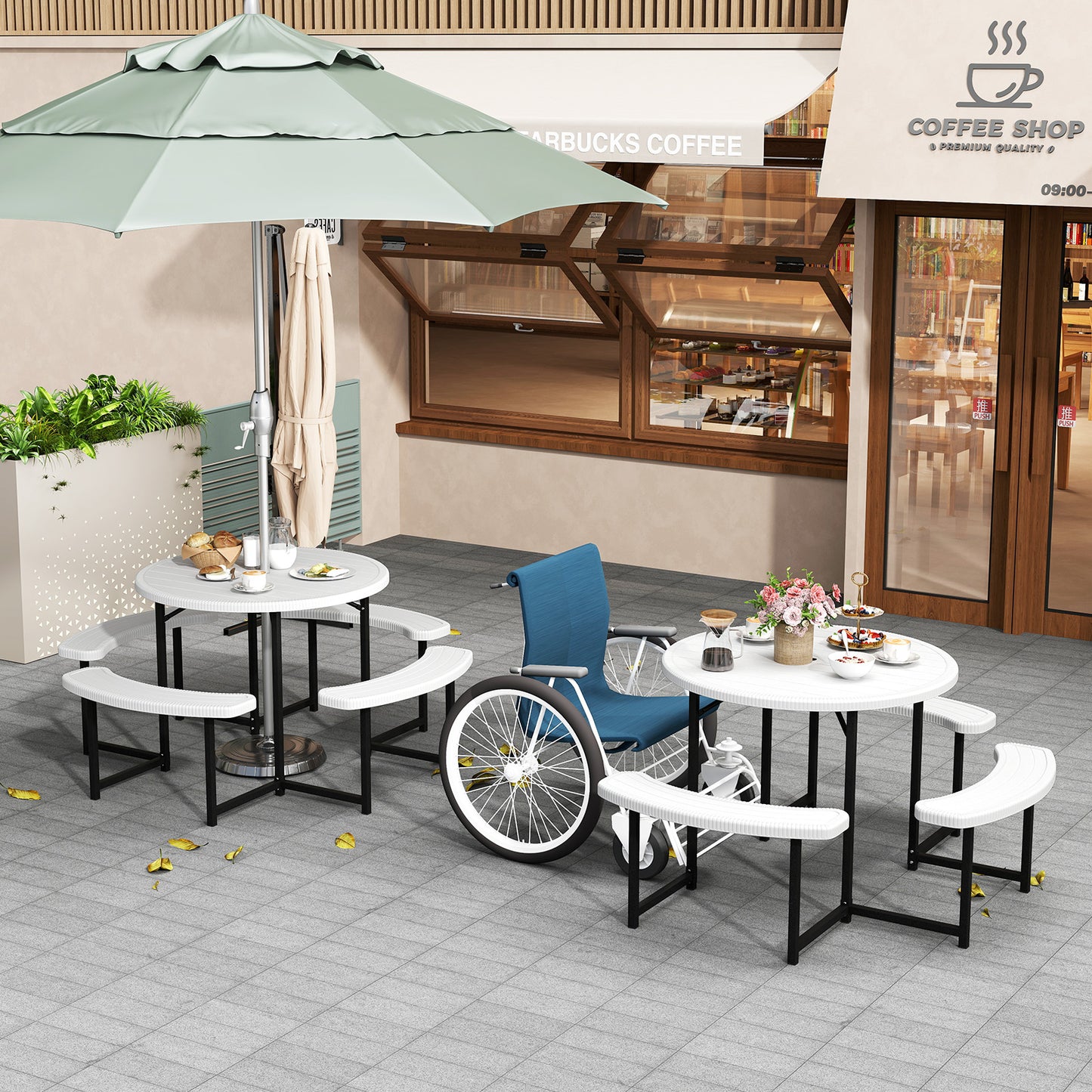 Round Picnic Table Bench Set with 4 Benches and Umbrella Hole for Patio Lawn-White