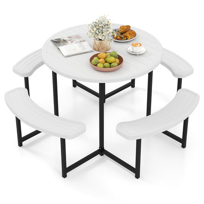 Round Picnic Table Bench Set with 4 Benches and Umbrella Hole for Patio Lawn-White