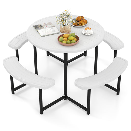 Round Picnic Table Bench Set with 4 Benches and Umbrella Hole for Patio Lawn-White
