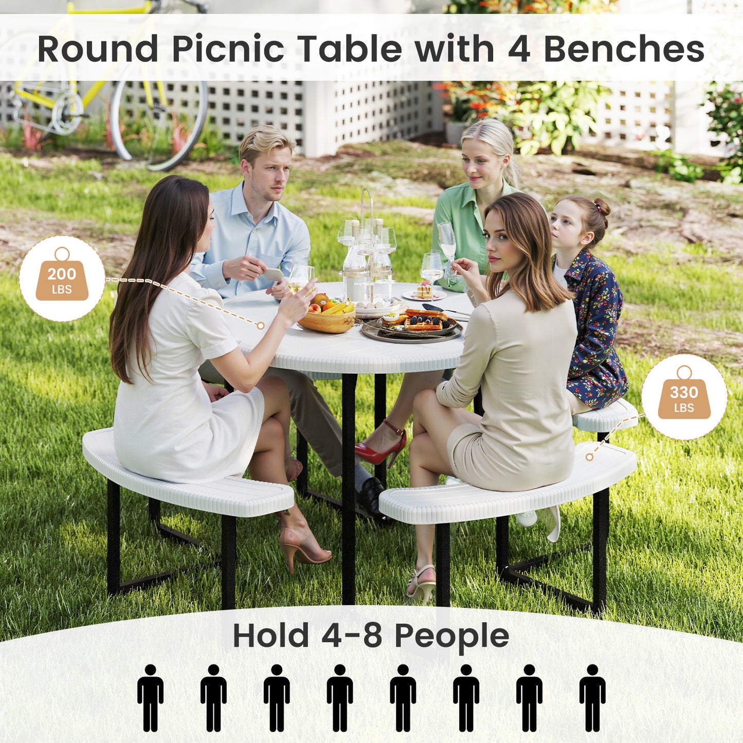 Round Picnic Table Bench Set with 4 Benches and Umbrella Hole for Patio Lawn-White