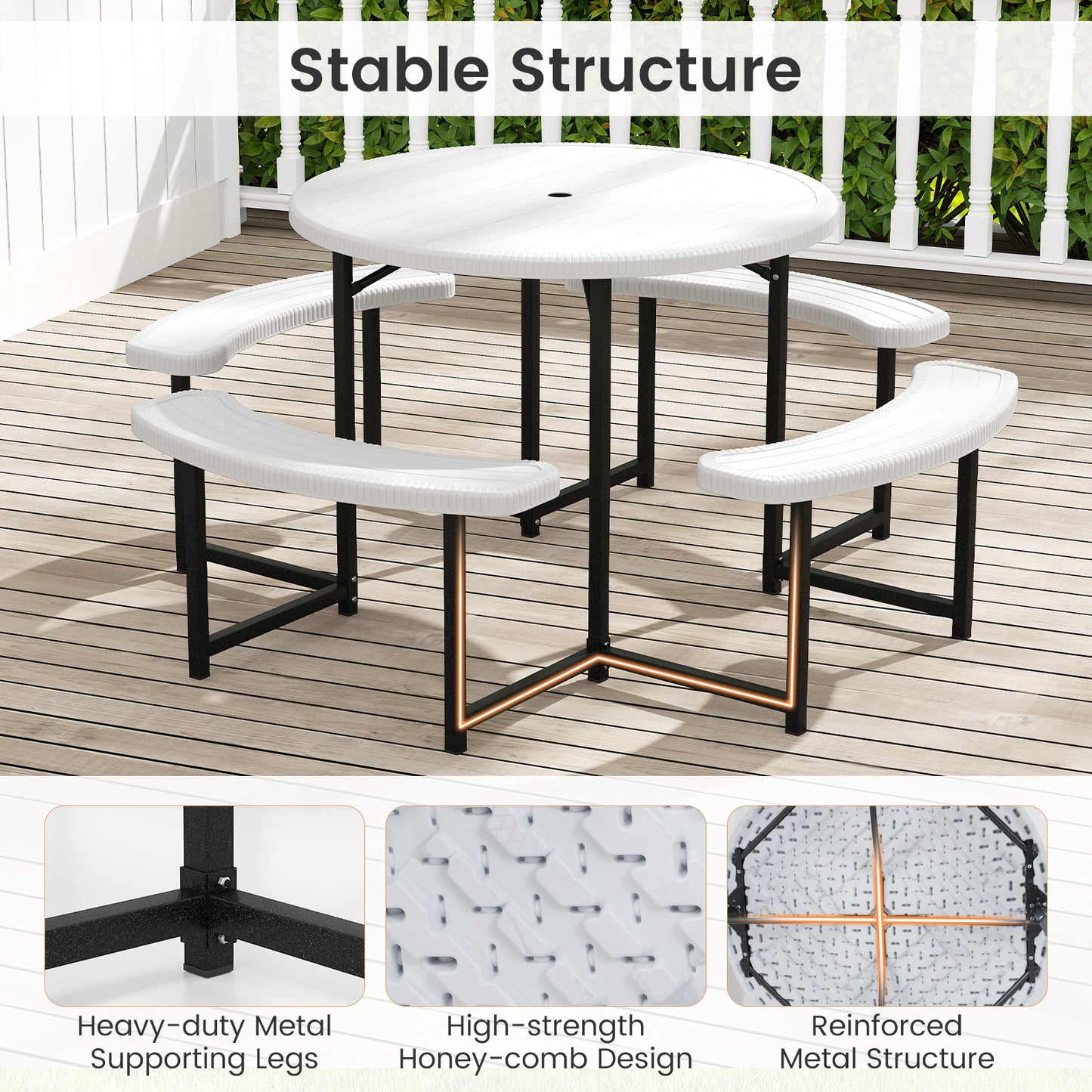 Round Picnic Table Bench Set with 4 Benches and Umbrella Hole for Patio Lawn-White