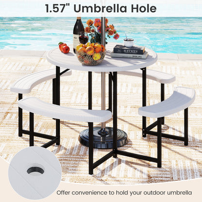 Round Picnic Table Bench Set with 4 Benches and Umbrella Hole for Patio Lawn-White