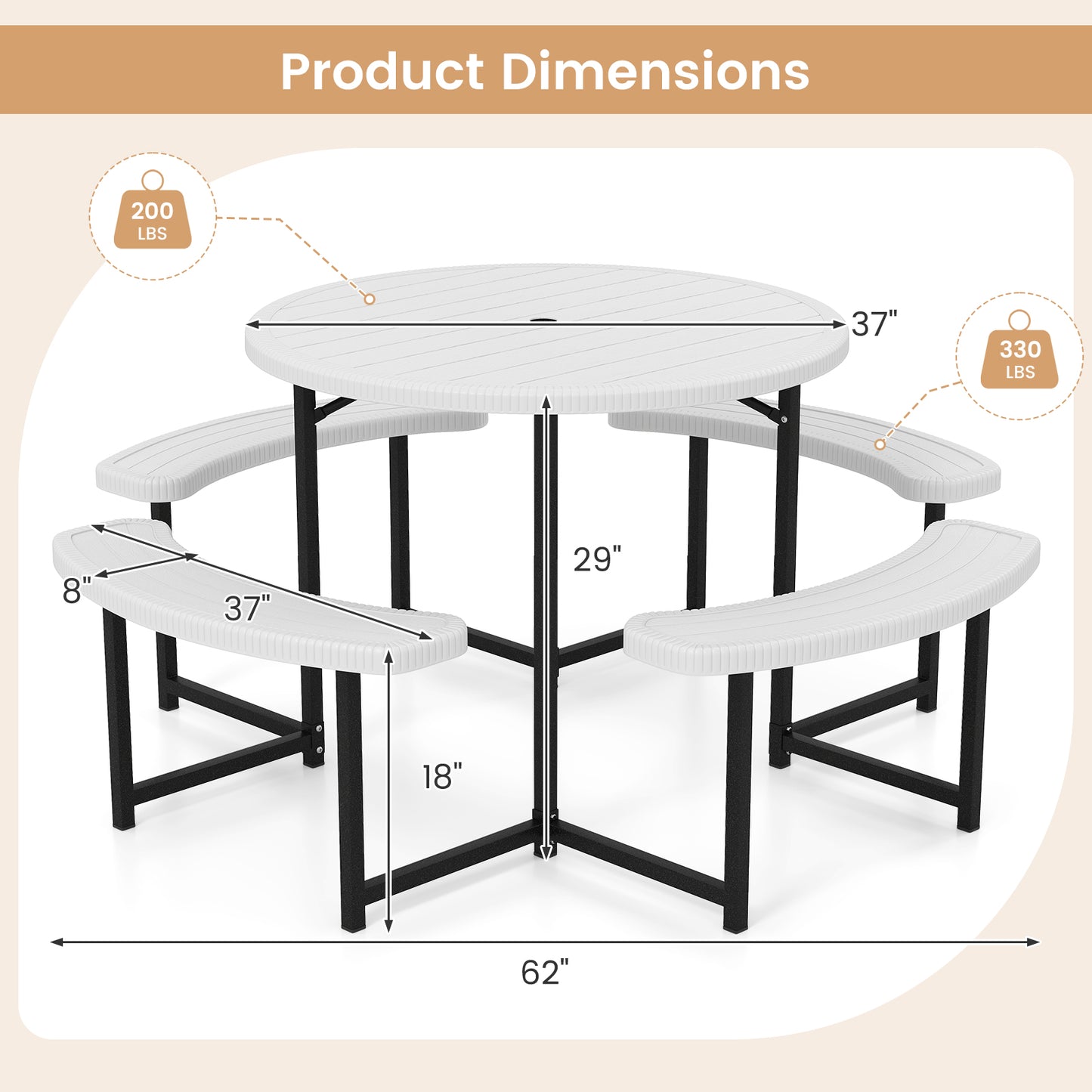Round Picnic Table Bench Set with 4 Benches and Umbrella Hole for Patio Lawn-White